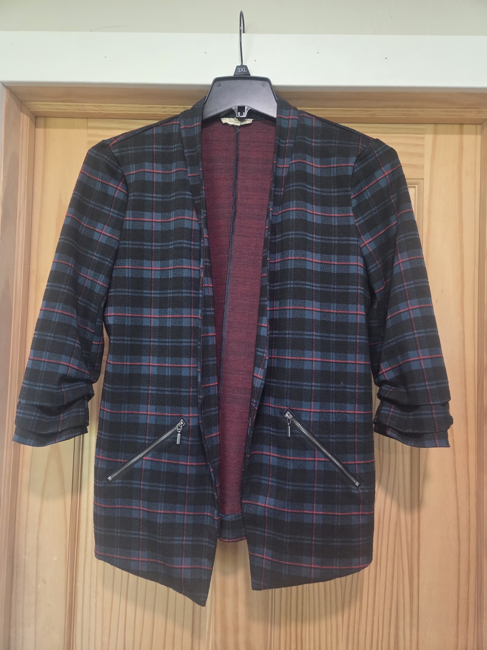 Plaid Open Blazer Jacket - Black & Burgundy